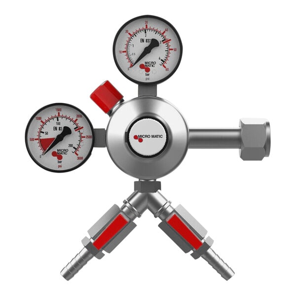 A close-up of the white Micro Matic double gauge primary regulator.
