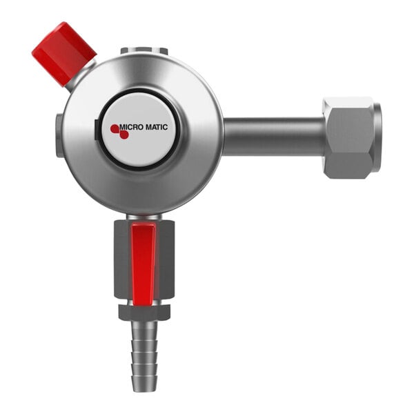 A close up of a stainless steel Micro Matic CO2 low-pressure regulator with a red handle.