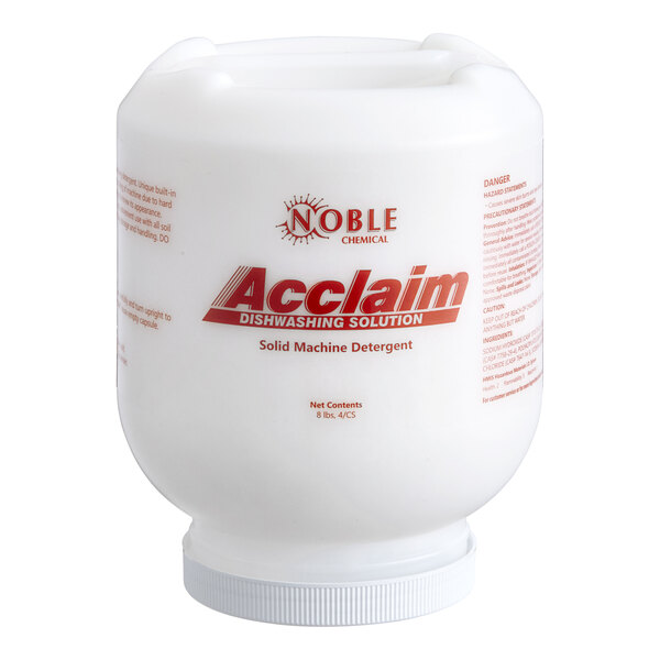 A white plastic container of Noble Acclaim concentrated solid dish machine detergent.