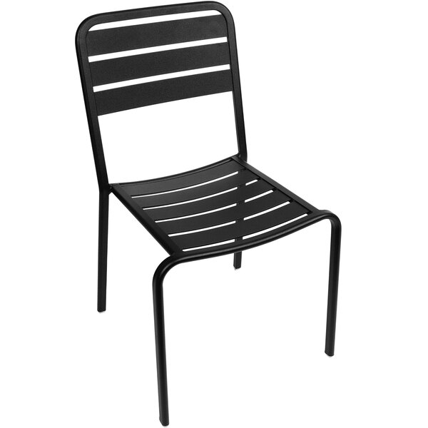 A black metal BFM Seating Vista outdoor restaurant chair with a slatted back.