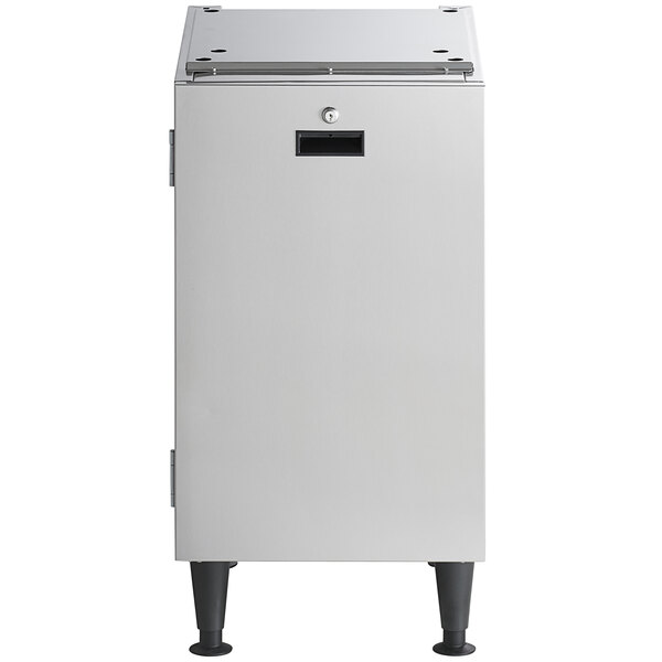 A white rectangular stainless steel stand with a square top and a door.