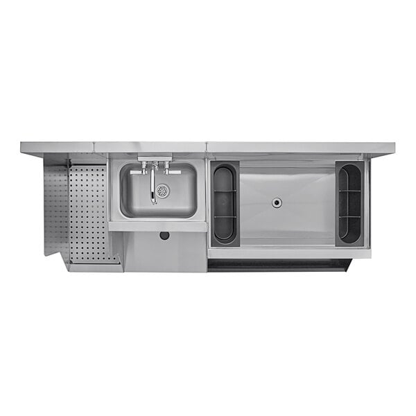 A stainless steel Uni-Serv speed bar with a sink on the right side.