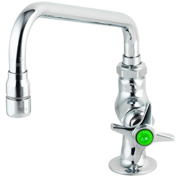 A T&S chrome laboratory faucet with a green 4-arm handle.