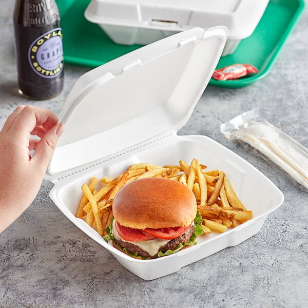 Foam take out container with burger and fries