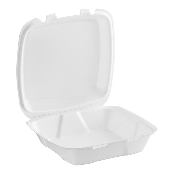 A white Dart foam take out container with a hinged lid.