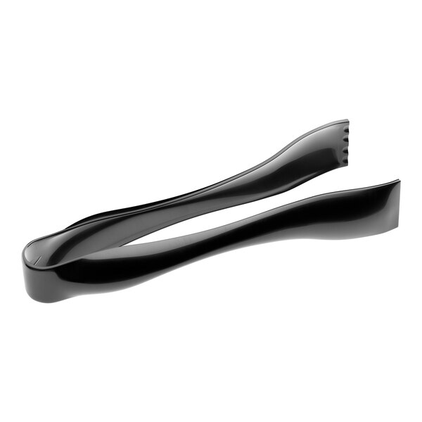 A pair of black disposable plastic tongs.