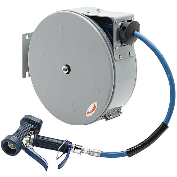 A grey metal T&S hose reel with a hose attached and a black handle.