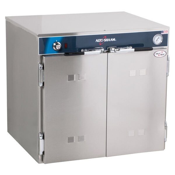 An Alto-Shaam stainless steel hot food holding cabinet with two doors.