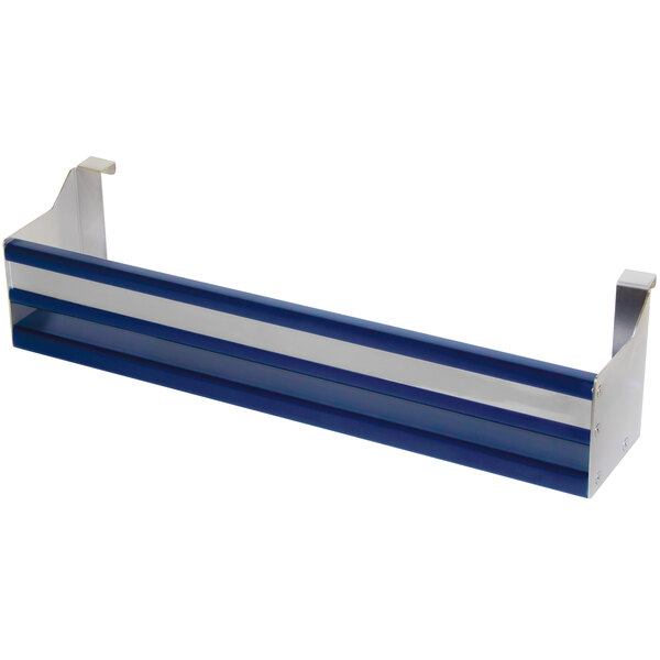 A stainless steel bar shelf with blue and silver metal.