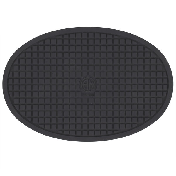 An oval black silicone trivet with a grid pattern.