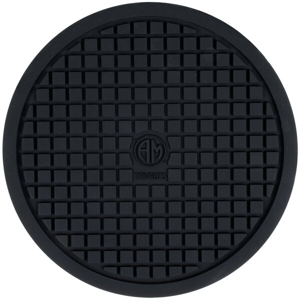 A black round heat-resistant silicone trivet with a grid pattern.