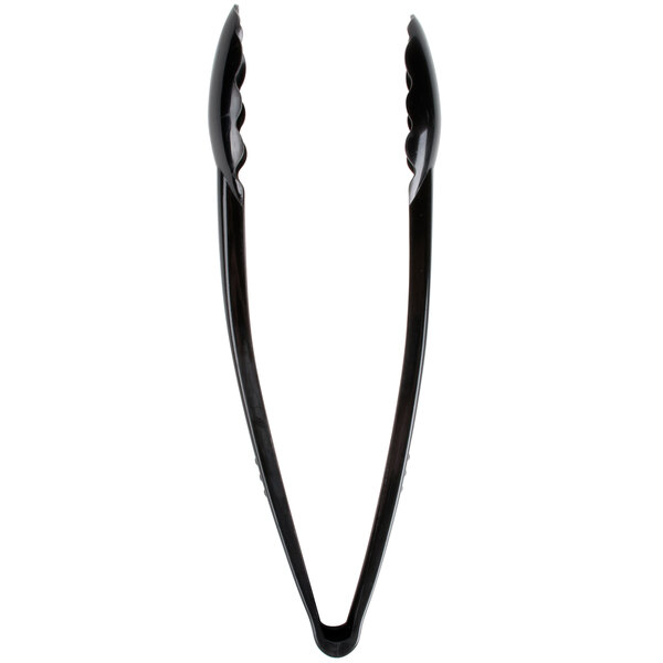 A pair of black plastic tongs.
