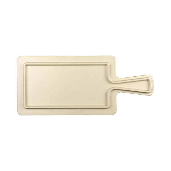 A white rectangular melamine serving board with a faux bamboo design and a handle.
