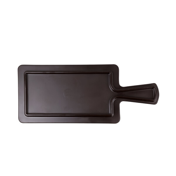A black rectangular melamine serving board with a faux wood design and a handle.