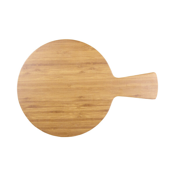 An Elite Global Solutions 9" round faux bamboo melamine serving board with a handle.