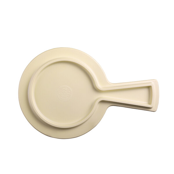 A white melamine serving board with a faux bamboo texture and a handle.