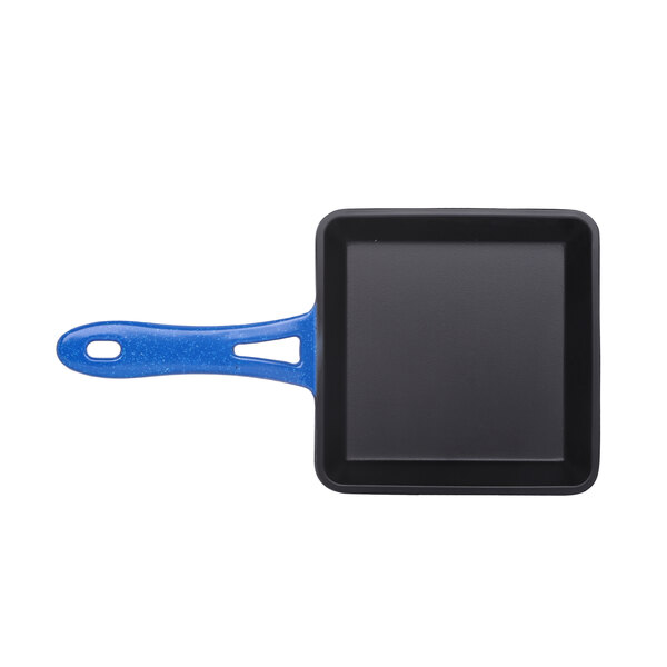 A black square pan with a blue handle.