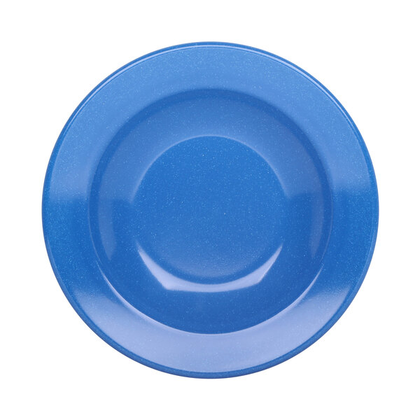 A blue bowl with a white speckled surface.