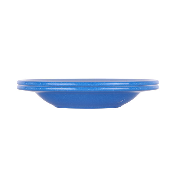 A blue Elite Global Solutions speckled pasta bowl on a white background.