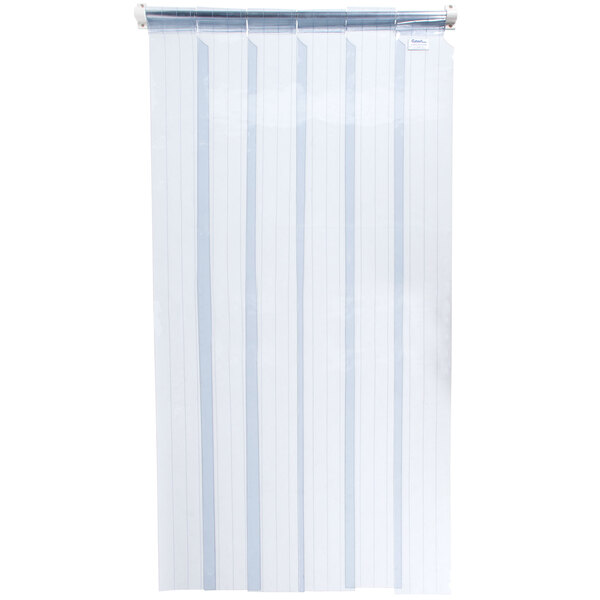 A white curtain with blue stripes on a roll.