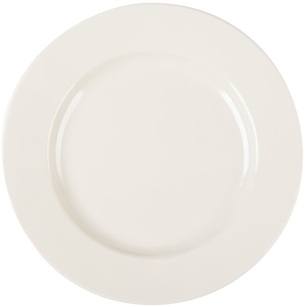 An Elite Global Solutions white melamine plate with a white rim.