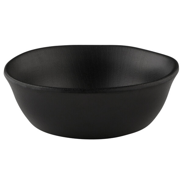 An Elite Global Solutions black melamine bowl on a table with a white background.