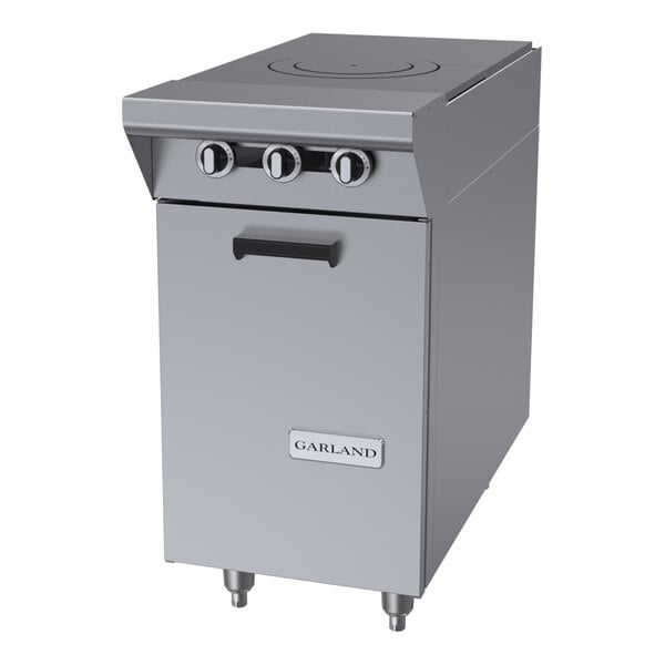 A stainless steel Garland Master Series natural gas hot top range attachment with three control knobs and a storage base.