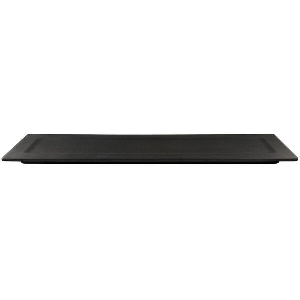 A black rectangular Elite Global Solutions melamine platter with a white border.