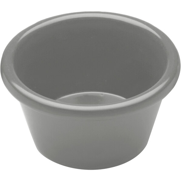 A close-up of an Elite Global Solutions gray melamine ramekin.