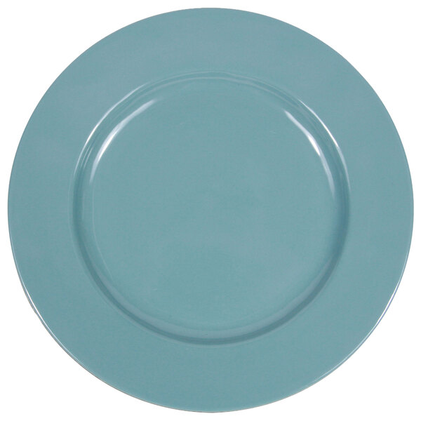 A blue Elite Global Solutions melamine plate with a white rim.