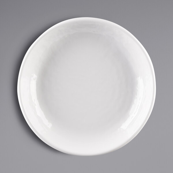 A white Elite Global Solutions melamine bowl with a white pebble rim on a white surface.