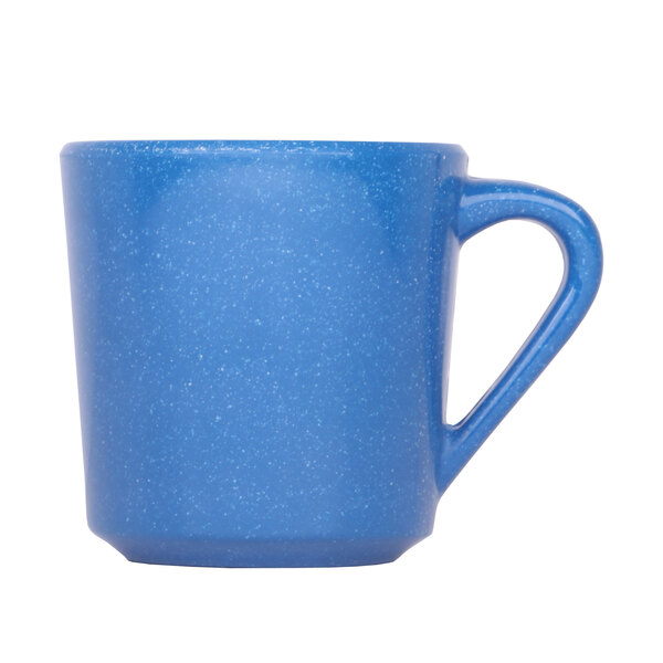 A close-up of a blue Elite Global Solutions Base Camp mug with a handle.