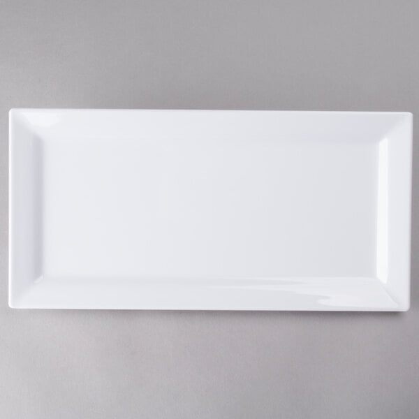 A white rectangular melamine serving platter.