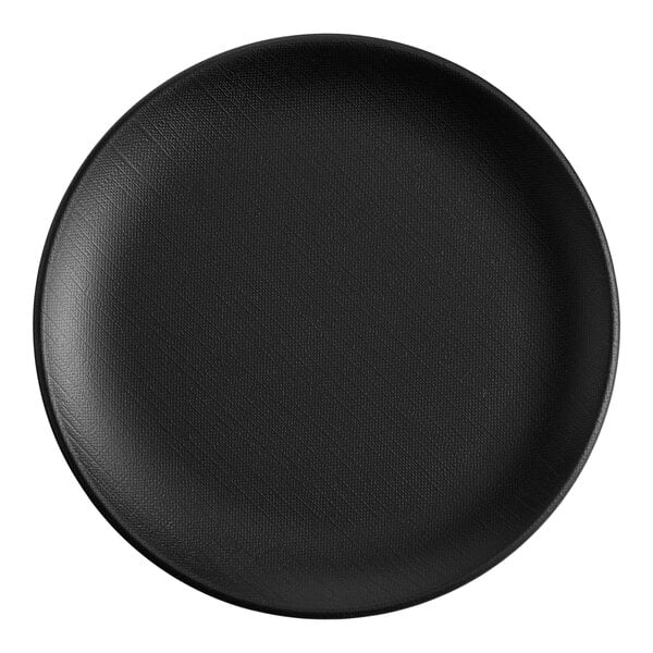 A black Elite Global Solutions round melamine plate with a textured surface.