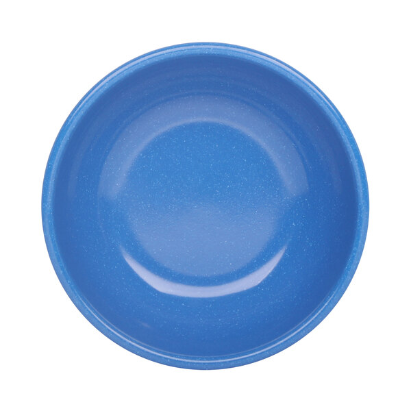 A close-up of a blue Elite Global Solutions speckled bowl.