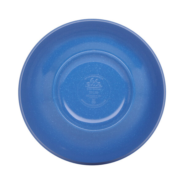 A close-up of a blue speckled bowl with a round surface.