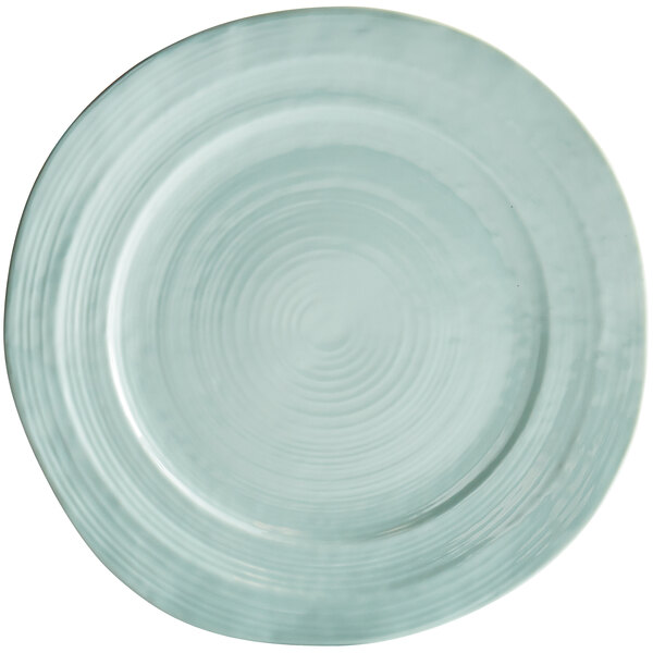 A mint green Elite Global Solutions Della Terra melamine plate with a spiral design.