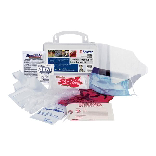 A 10-piece universal precaution and bodily fluid spill kit with a hard case, including gloves, face shield, mask, disinfectant wipes, and waste disposal supplies.