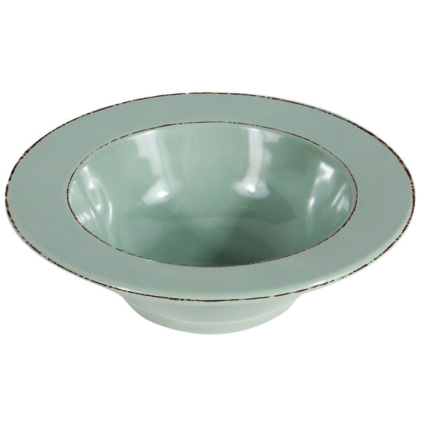A white melamine bowl with a brown rim.