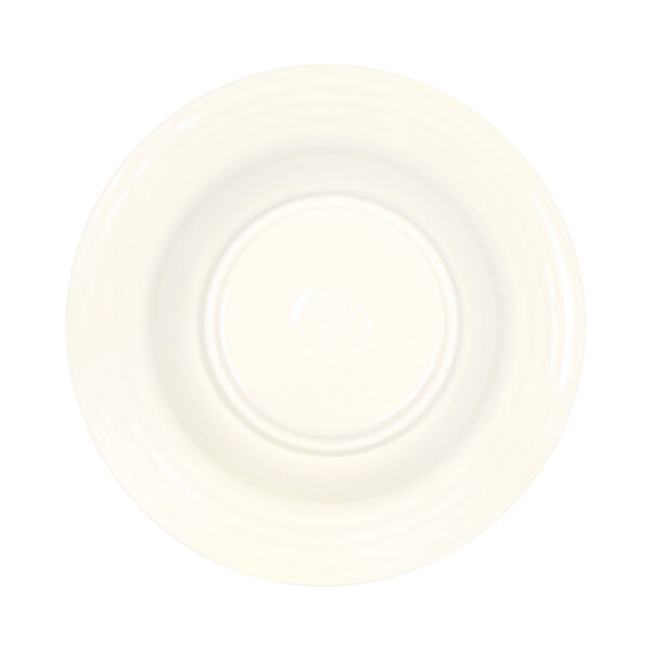 An antique white melamine bowl with a chocolate rim.