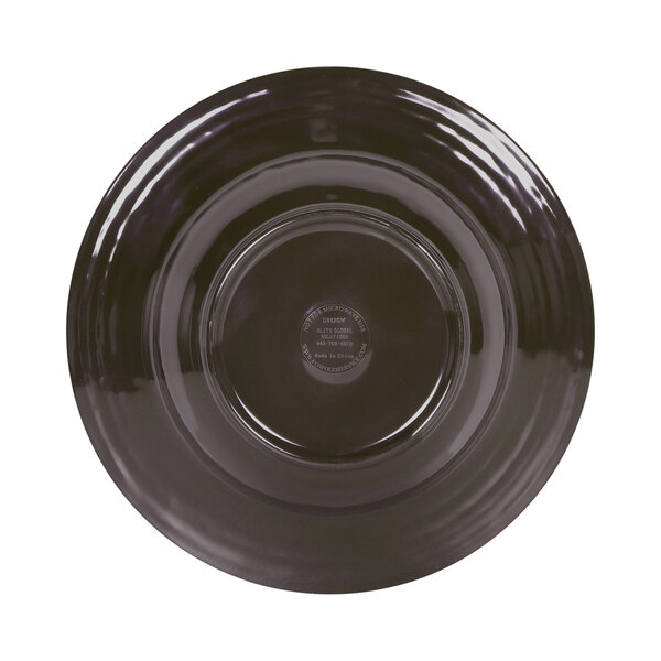 A black bowl with a circular surface and a chocolate brown rim.