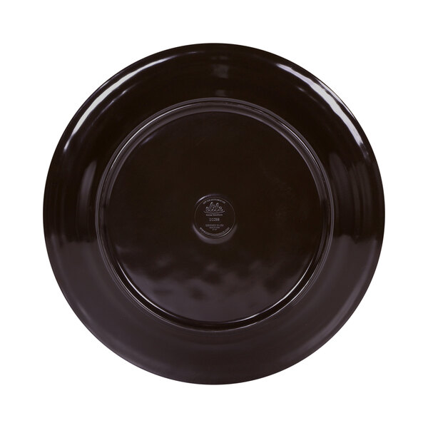 An Elite Global Solutions two-tone melamine plate with a black rim and logo on a white background.
