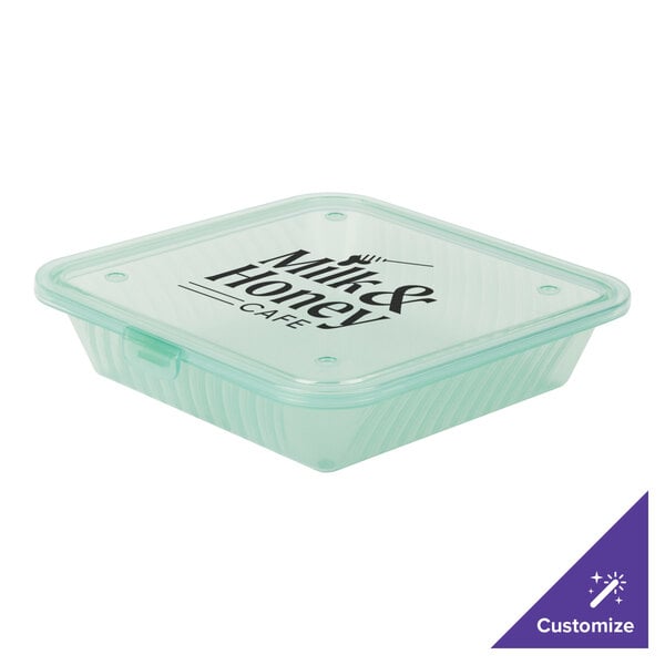 A jade green plastic GET Eco-Takeout container with a flat lid.