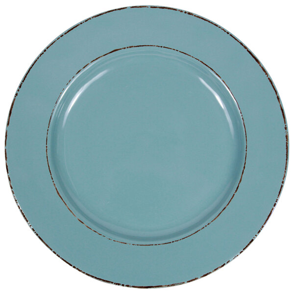 A blue Elite Global Solutions melamine plate with brown trim.