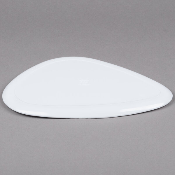 A white triangle shaped GET melamine plate with a curved edge.