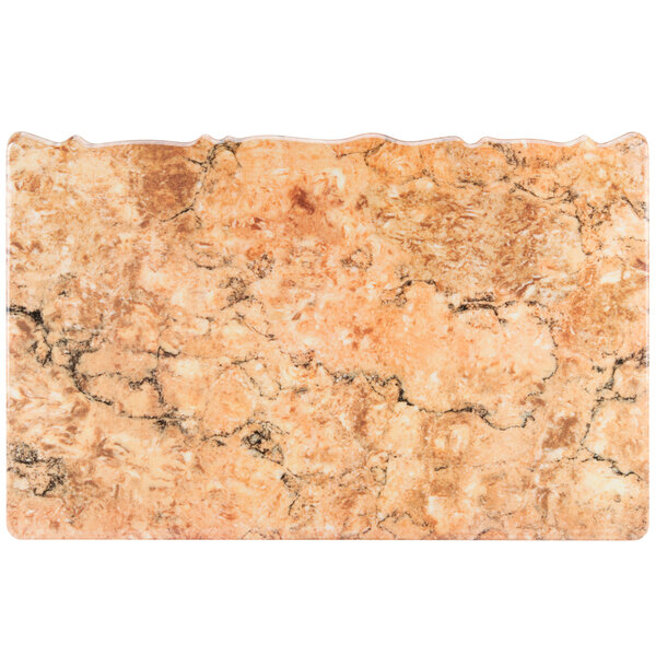 A white rectangular melamine platter set with a brown and tan stone pattern.