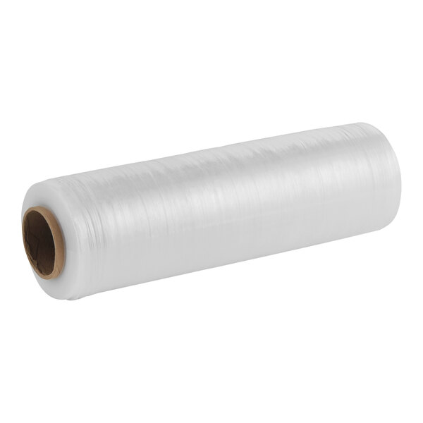 A roll of clear heavy-duty hand pallet wrap or stretch film with a cardboard core.