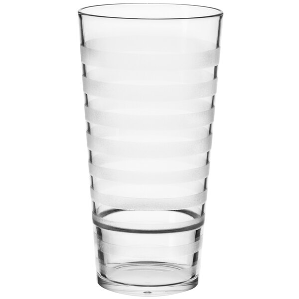 A clear plastic tumbler with white stripes.