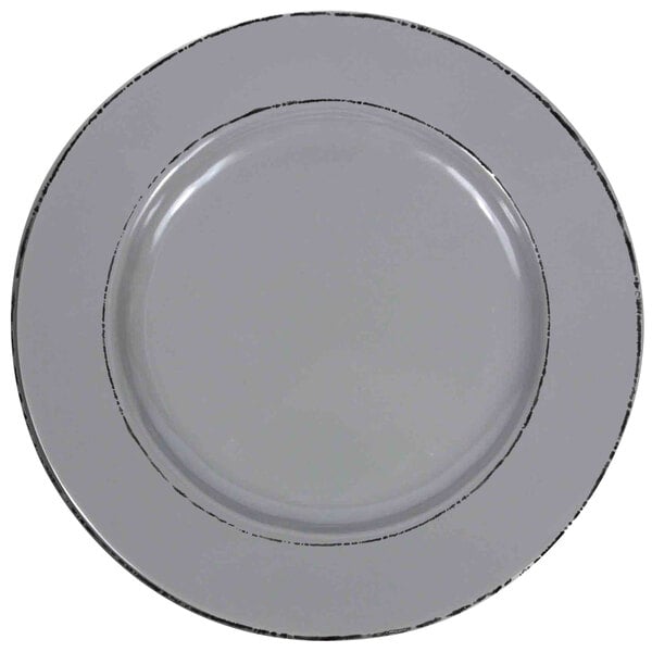 A gray plate with a double black line trim.