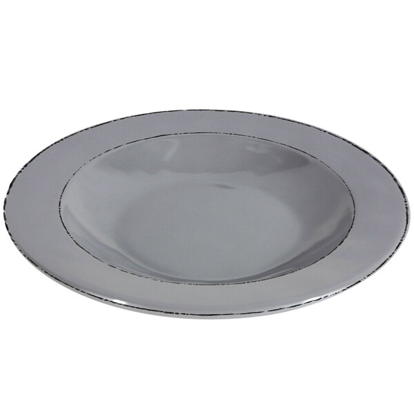 A gray melamine bowl with a double-line rim.